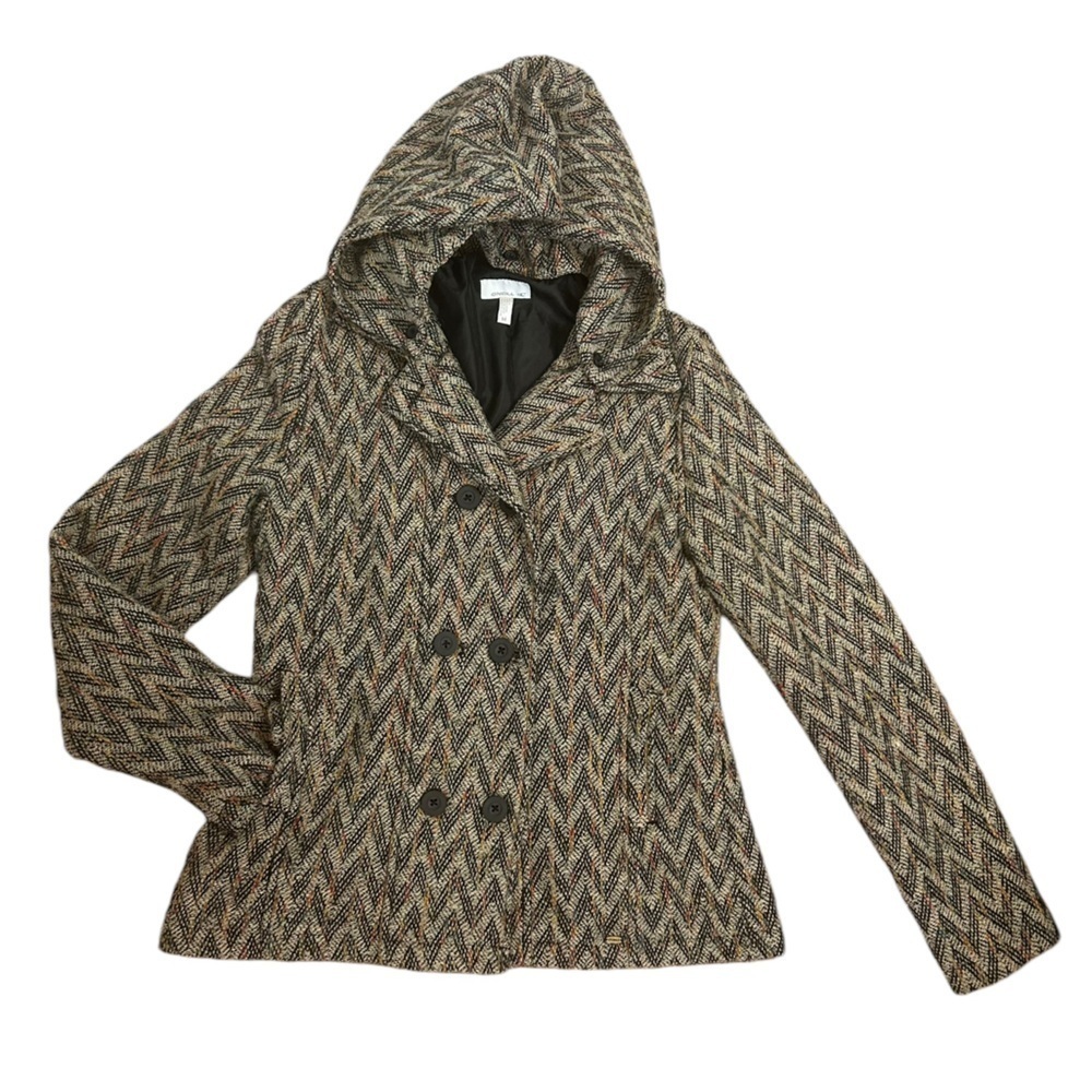 O'Neill Tweed Chevron Double Breasted Pea Coat Removable Hood Women’s Sz Medium